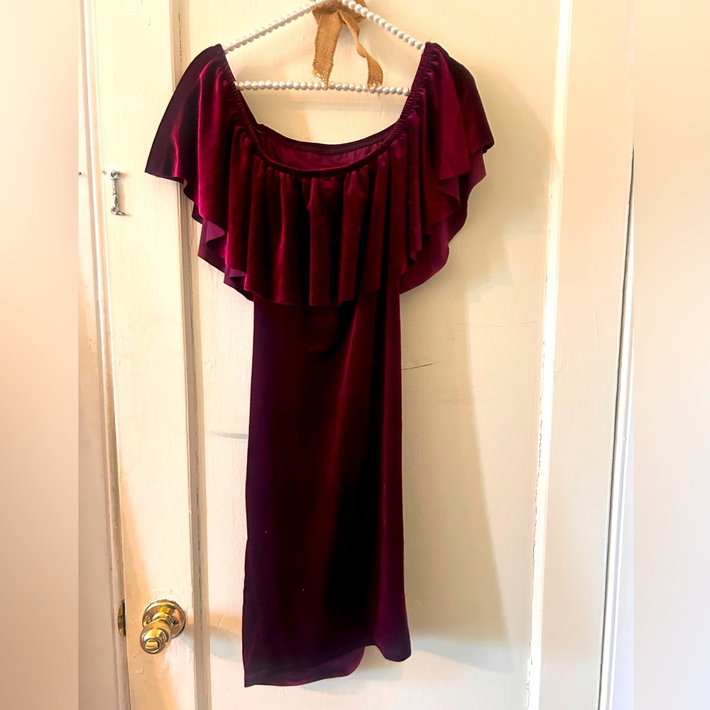Size Small Maternity off the shoulder red velvet dress with very good stretch.